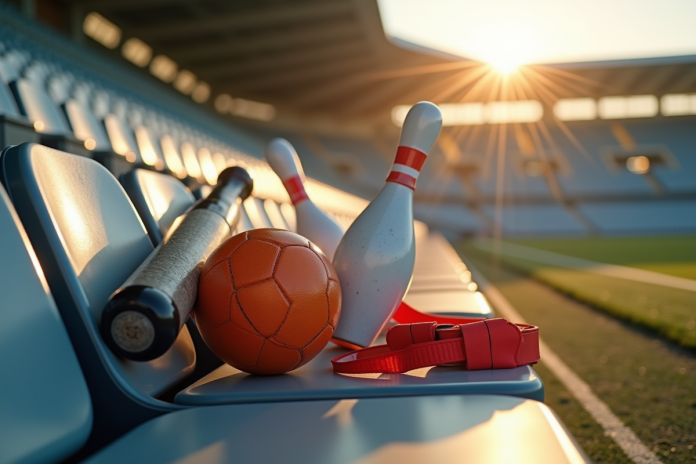 Collection d équipements sportifs sur un banc de stade ensoleille