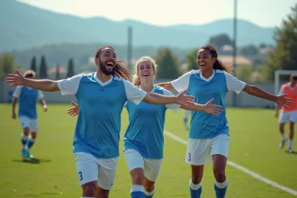 Jeunes joueurs de football célébrant un but en extérieur