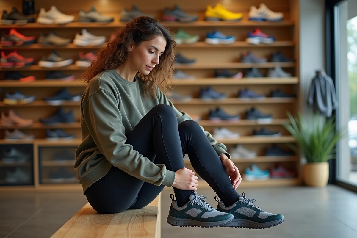 Femme essayant des chaussures de trail dans un magasin spécialisé trail running