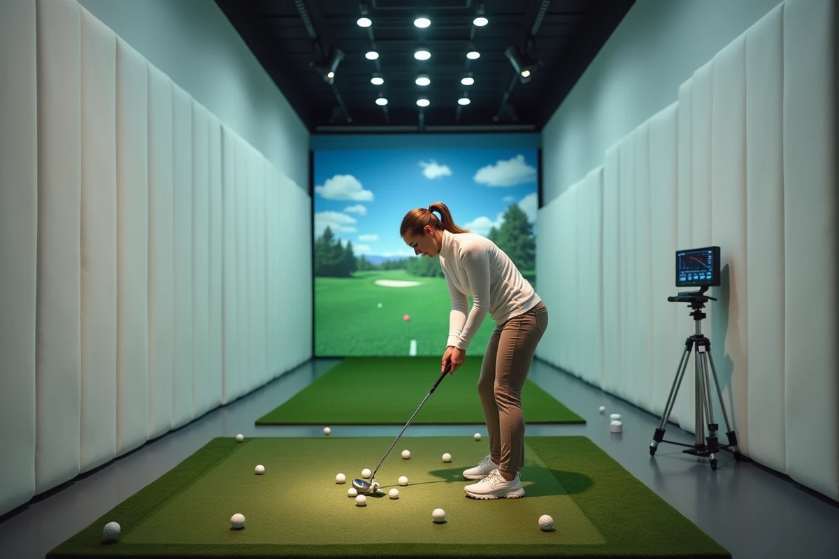 Golfeuse réalisant un exercice de wedge en studio d'entraînement intérieur avec écran de simulation