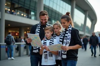 Famille avec enfants et adolescents tenant des billets Juventus FC devant l'entrée du stade lors d'un jour de match
