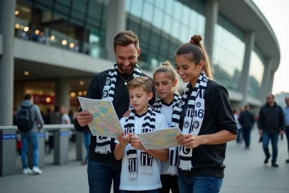 Famille avec enfants et adolescents tenant des billets Juventus FC devant l'entrée du stade lors d'un jour de match