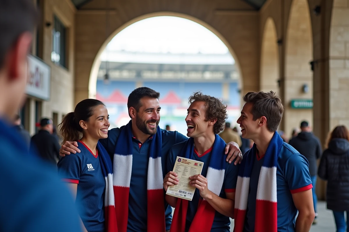 Famille avec enfants adolescents dans le hall d'un stade de rugby avant un match du Tournoi des 6 Nations 2026