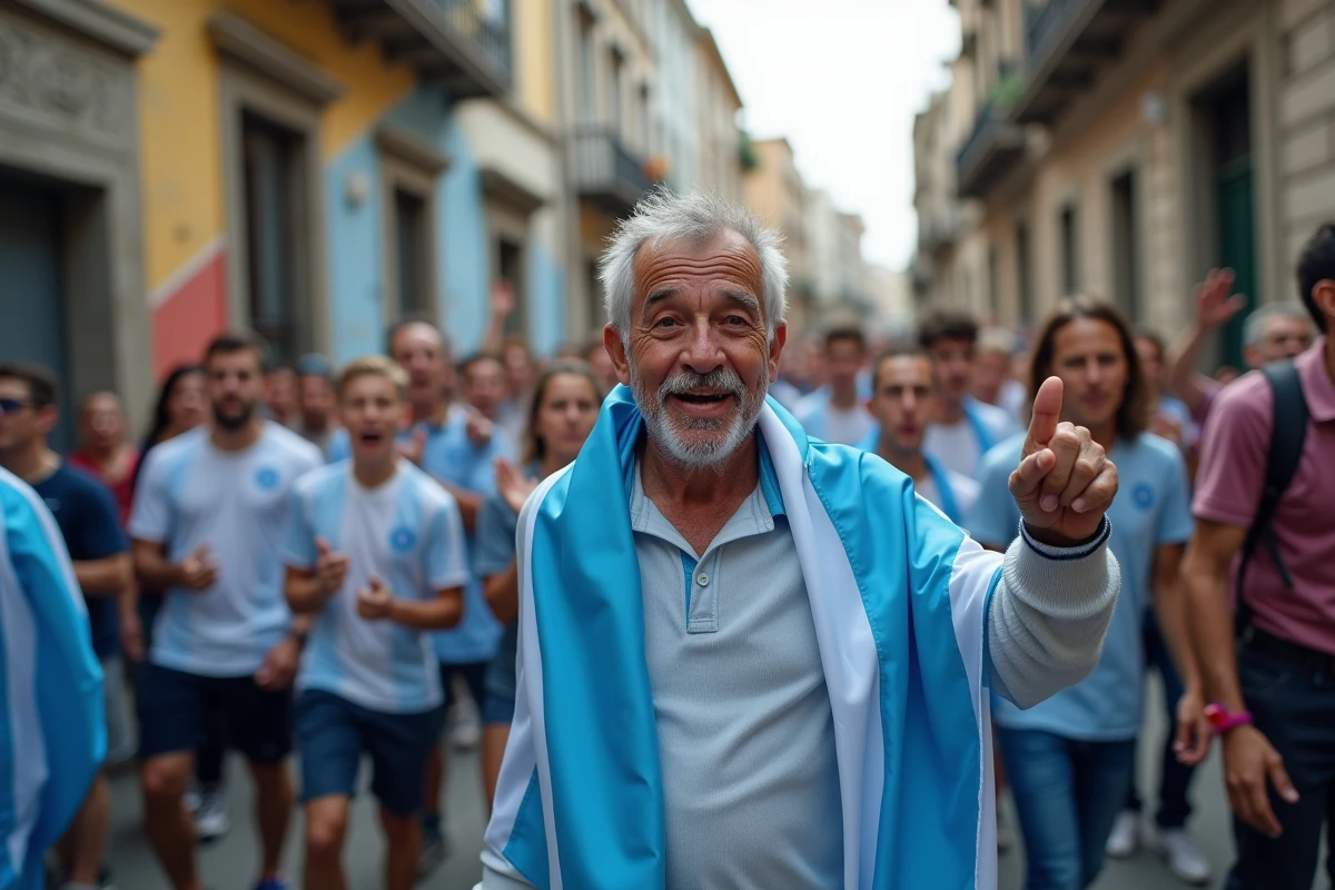 Fan argentin agee chantant avec jeunes supporters dehors