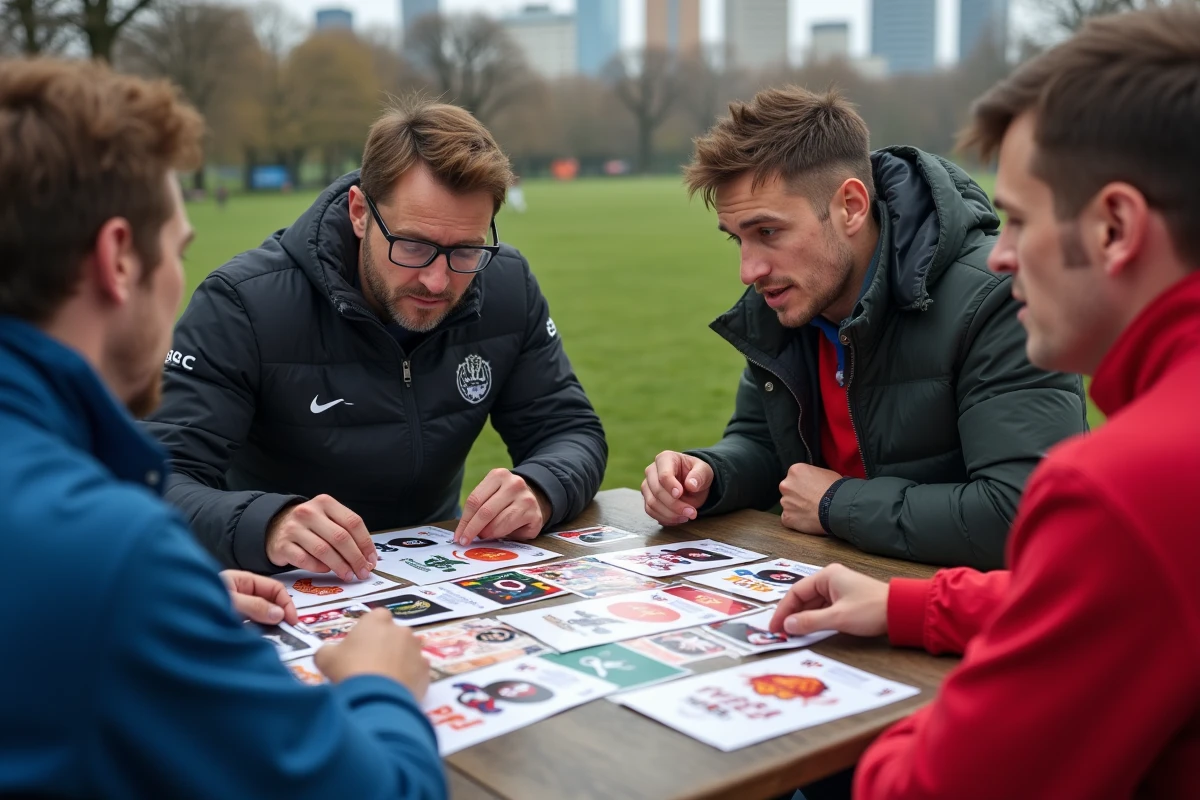 Groupe de fans de football examinant logos en ext&eacute;rieur