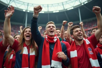 Groupe de supporters de rugby devant un stade européen