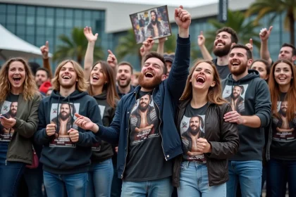 Fans de catch français devant une arène moderne