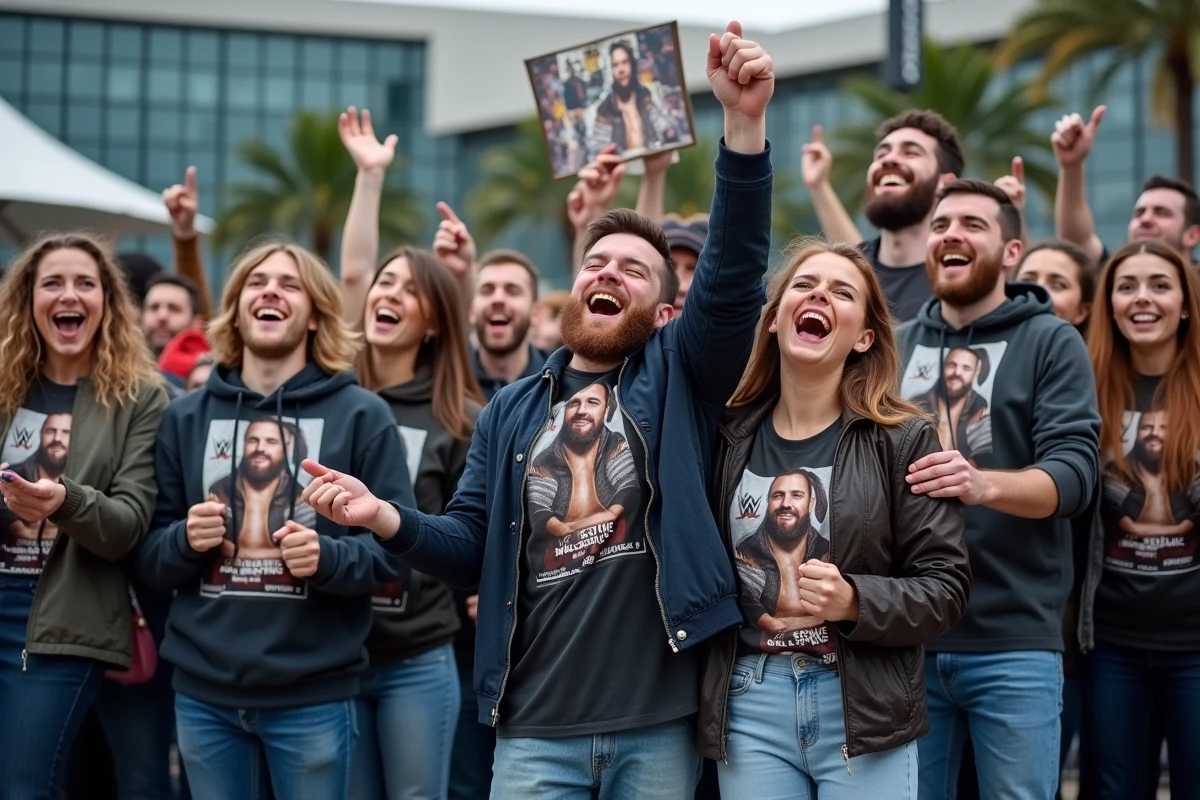 Fans de catch français devant une arène moderne