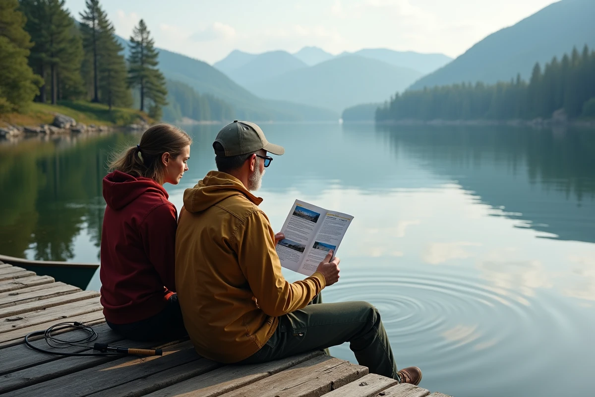 Deux pêcheurs consultant une brochure de la fédération de pêche au bord d'un lac, tarifs carte de pêche 2026