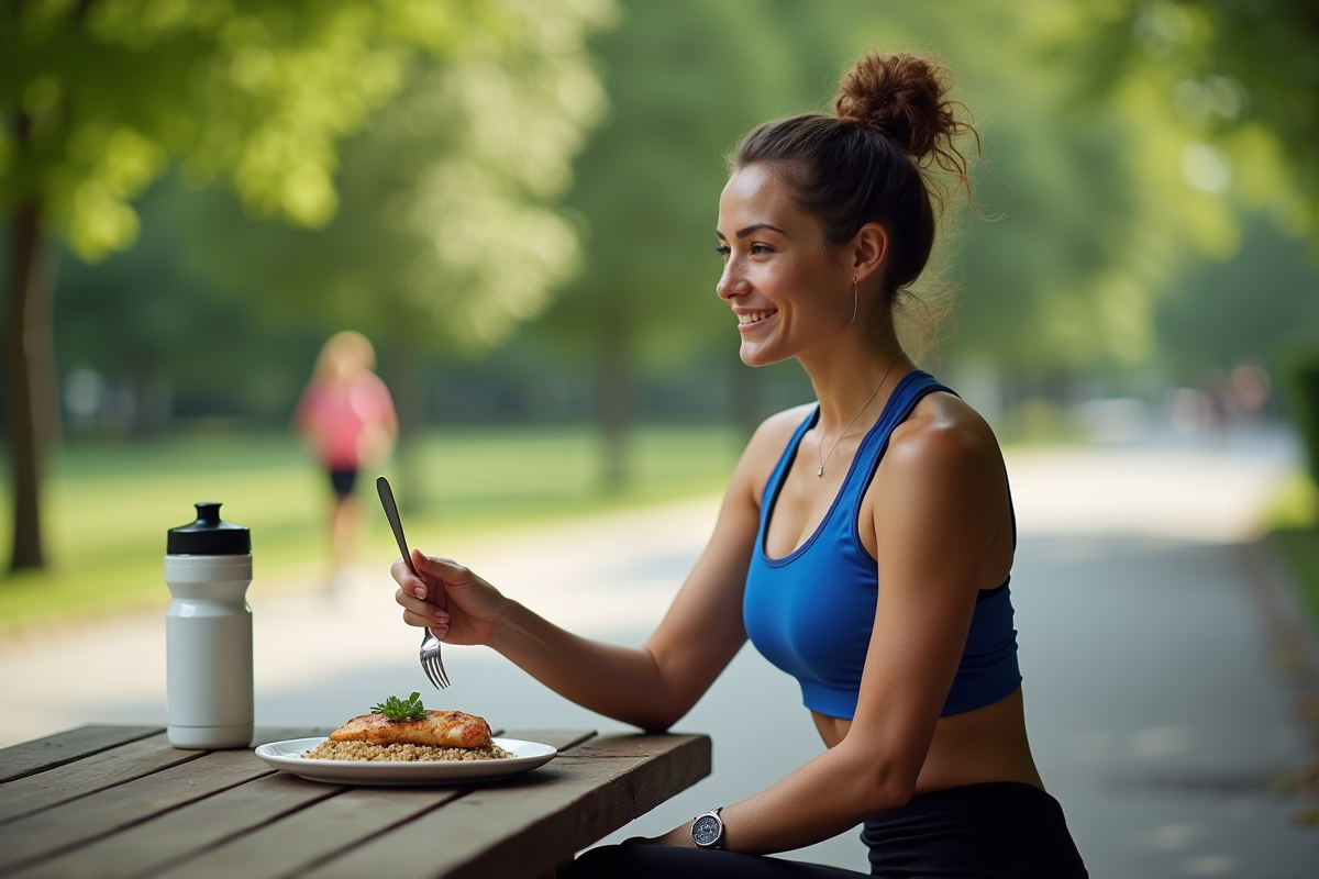 Femme sportive dégustant un repas en extérieur dans un parc