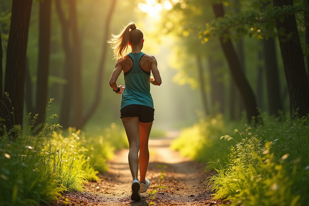 Femme sportive marchant dans la forêt en comptant ses pas avec une montre connectée