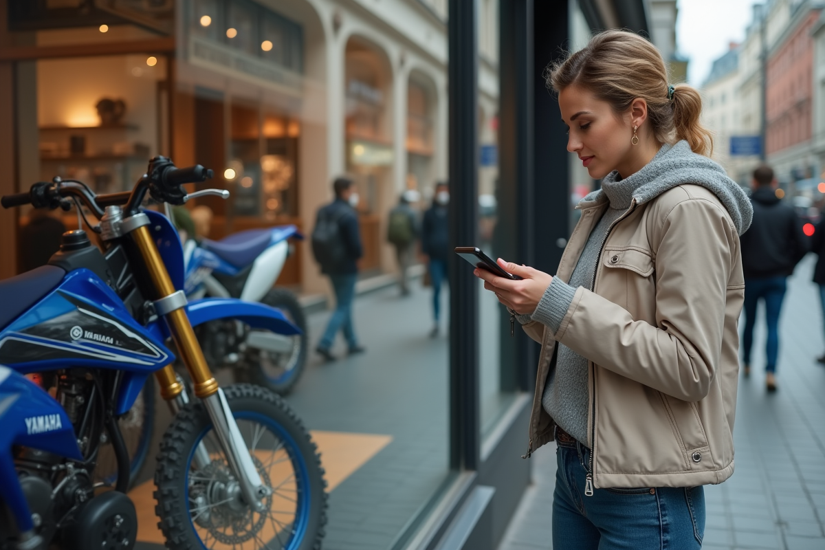 Femme regardant son smartphone devant un showroom Yamaha