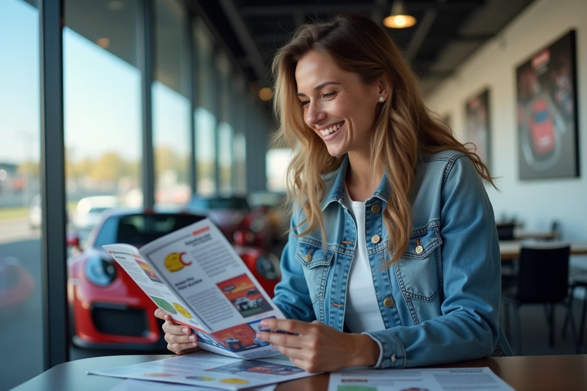 Femme souriante en jean dans lounge auto avec brochures et voitures en arrière-plan