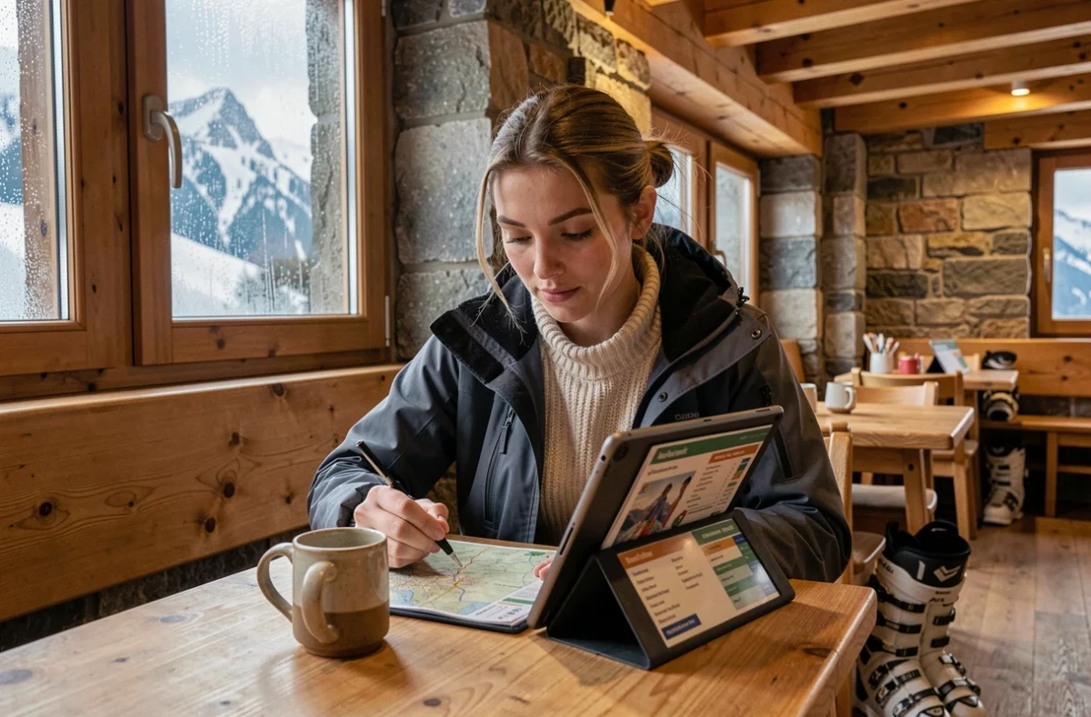 Jeune femme consultant les options de forfait ski dans un chalet des Menuires