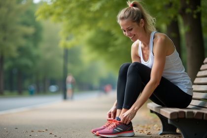 Femme souriante en tenue de sport nouant ses chaussures de course dans un parc