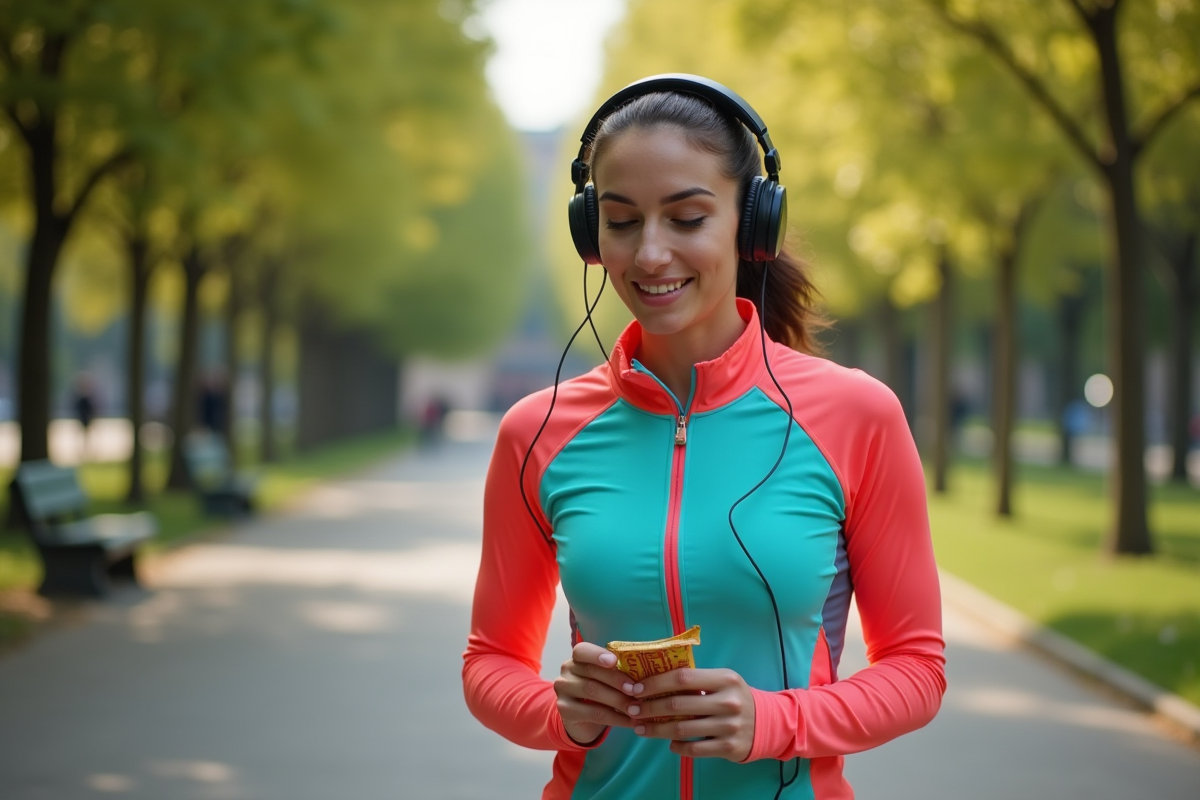 Femme courant dans un parc urbain vérifiant une barre nutritionnelle