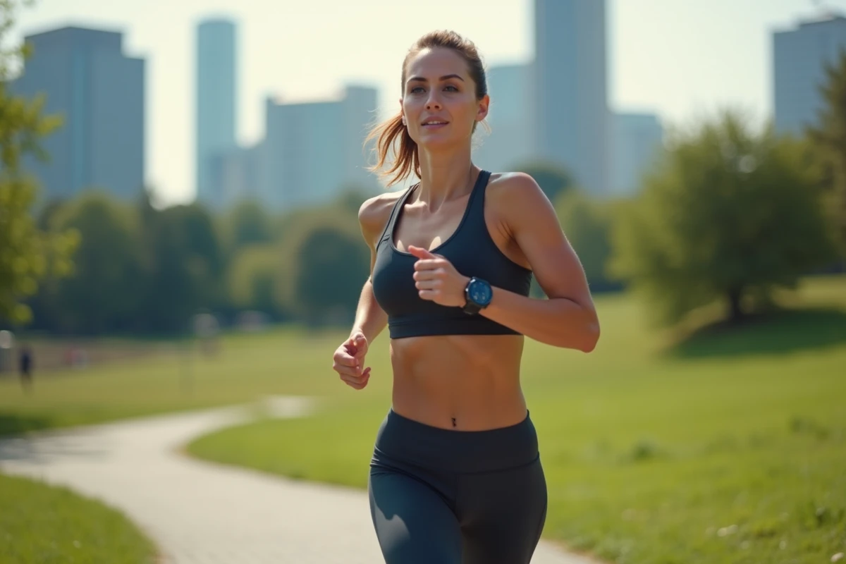 Femme en jogging dans un parc urbain dynamique