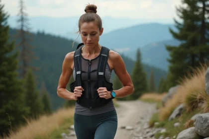 Femme équipée pour le trail running avec veste technique et sac d'hydratation sur un sentier de montagne