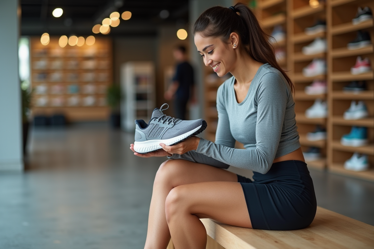 Jeune femme essayant une chaussure de course large en magasin