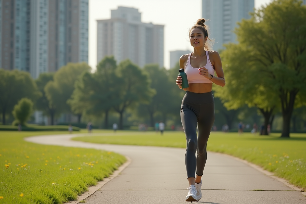 Femme en tenue de sport pause en jogging dans un parc