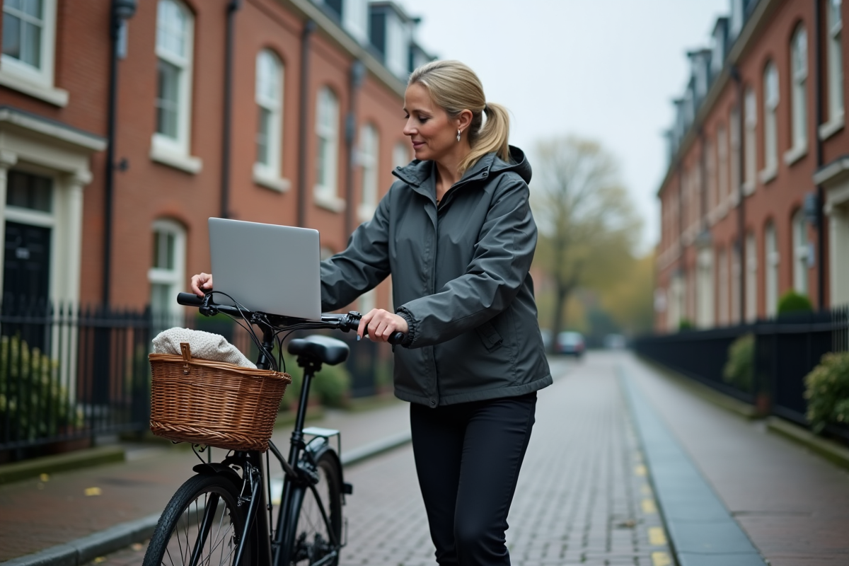 Femme déposant son ordinateur dans un panier à vélo en ville