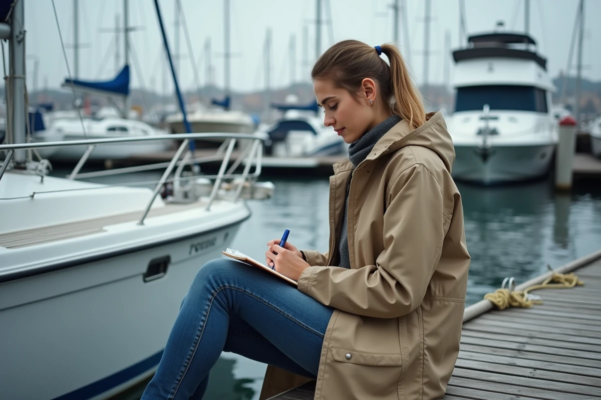 Jeune femme note dans un carnet sur un bateau au port