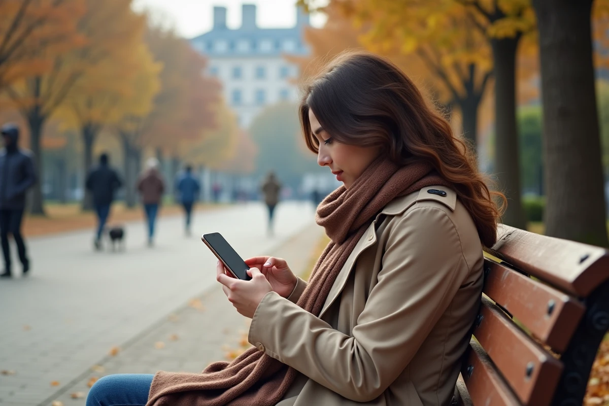 Femme assise sur un banc dans un parc avec son smartphone