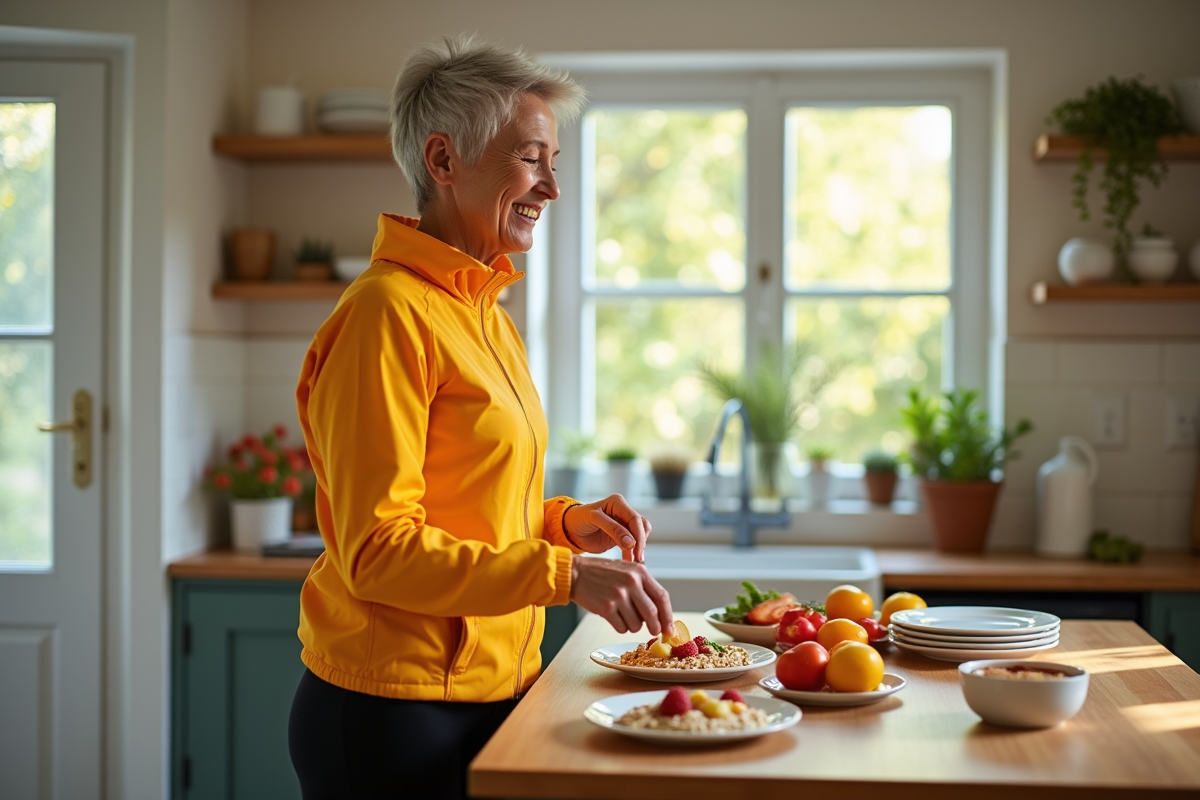 Femme préparant un petit déjeuner fruité dans une cuisine lumineuse