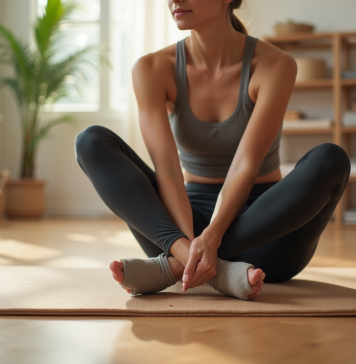 Femme en Pilates portant chaussures minimalistes dans un studio lumineux