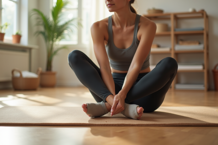 Femme en Pilates portant chaussures minimalistes dans un studio lumineux