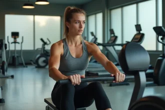 Femme athlétique utilisant un rameur en salle de sport, illustrant les muscles travaillés lors d'une séance de rowing