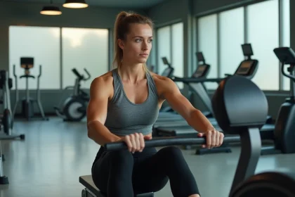 Femme athlétique utilisant un rameur en salle de sport, illustrant les muscles travaillés lors d'une séance de rowing