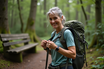 Femme en randonnée ajustant son sac à dos en forêt