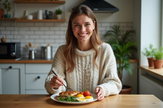 Femme souriante préparant un repas équilibré à la maison