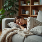Temps de repos idéal : quelle est la durée recommandée pour récupérer efficacement ? Femme détendue en loungewear sur un canapé cosy