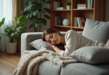 Femme détendue en loungewear sur un canapé cosy
