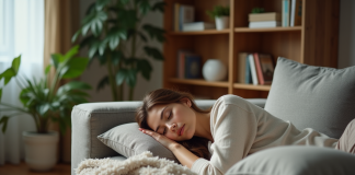 Femme détendue en loungewear sur un canapé cosy