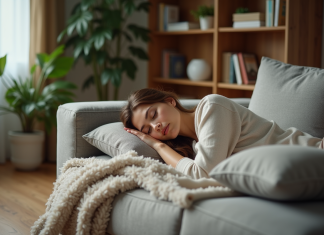 Temps de repos idéal : quelle est la durée recommandée pour récupérer efficacement ? Femme détendue en loungewear sur un canapé cosy