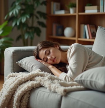 Temps de repos idéal : quelle est la durée recommandée pour récupérer efficacement ? Femme détendue en loungewear sur un canapé cosy