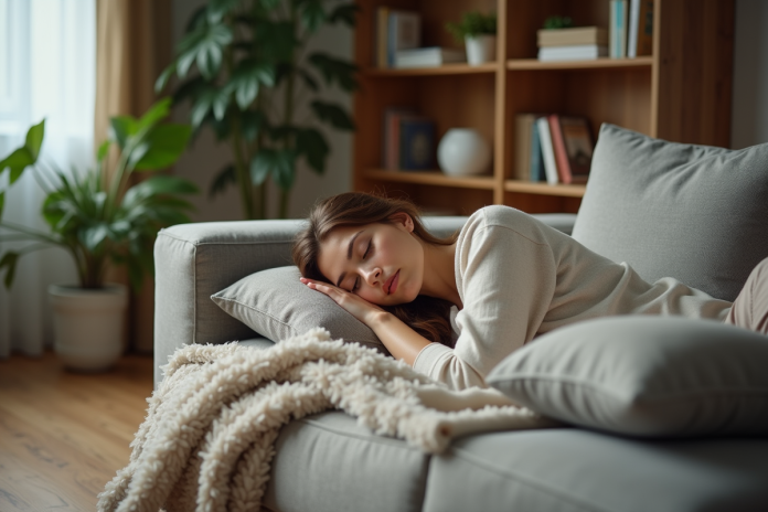 Femme détendue en loungewear sur un canapé cosy