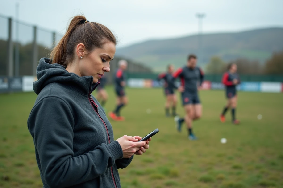 Femme regardant son téléphone près d’un terrain de rugby rural