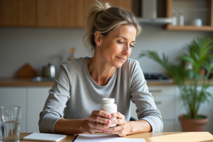 Femme d'âge moyen lisant une étiquette de supplément dans la cuisine