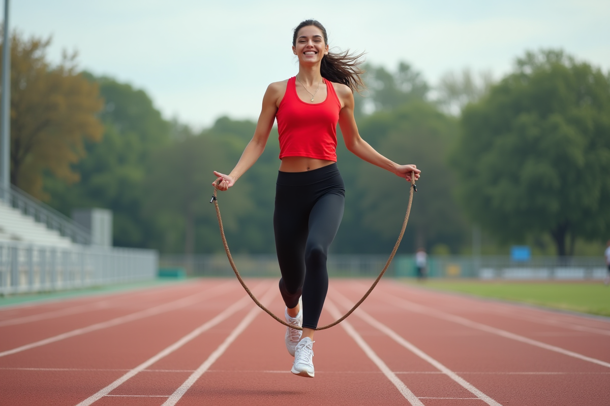 Jeune femme sautant à la corde sur une piste extérieure