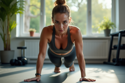 Femme en entraînement burpees dans une salle moderne