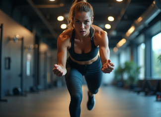 HIIT : affiner son corps avec l’entraînement fractionné ? Impacts et bénéfices Femme en pleine séance de HIIT dans une salle moderne