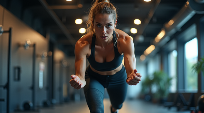 Femme en pleine séance de HIIT dans une salle moderne
