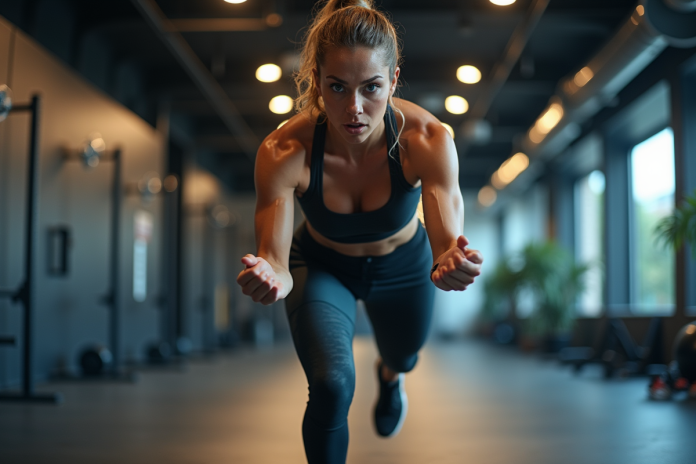 femme-sport-intervalle-energie Femme en pleine séance de HIIT dans une salle moderne