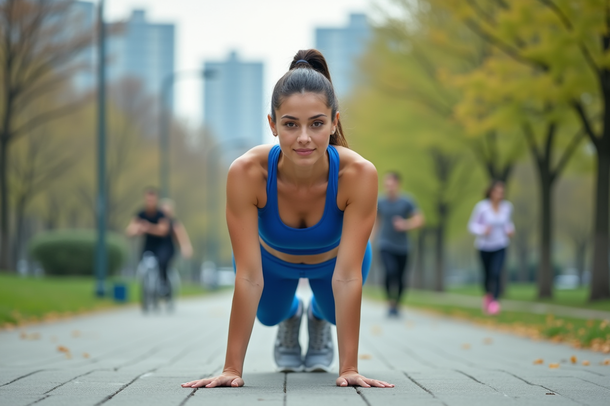 Femme en planche dans un parc urbain au printemps