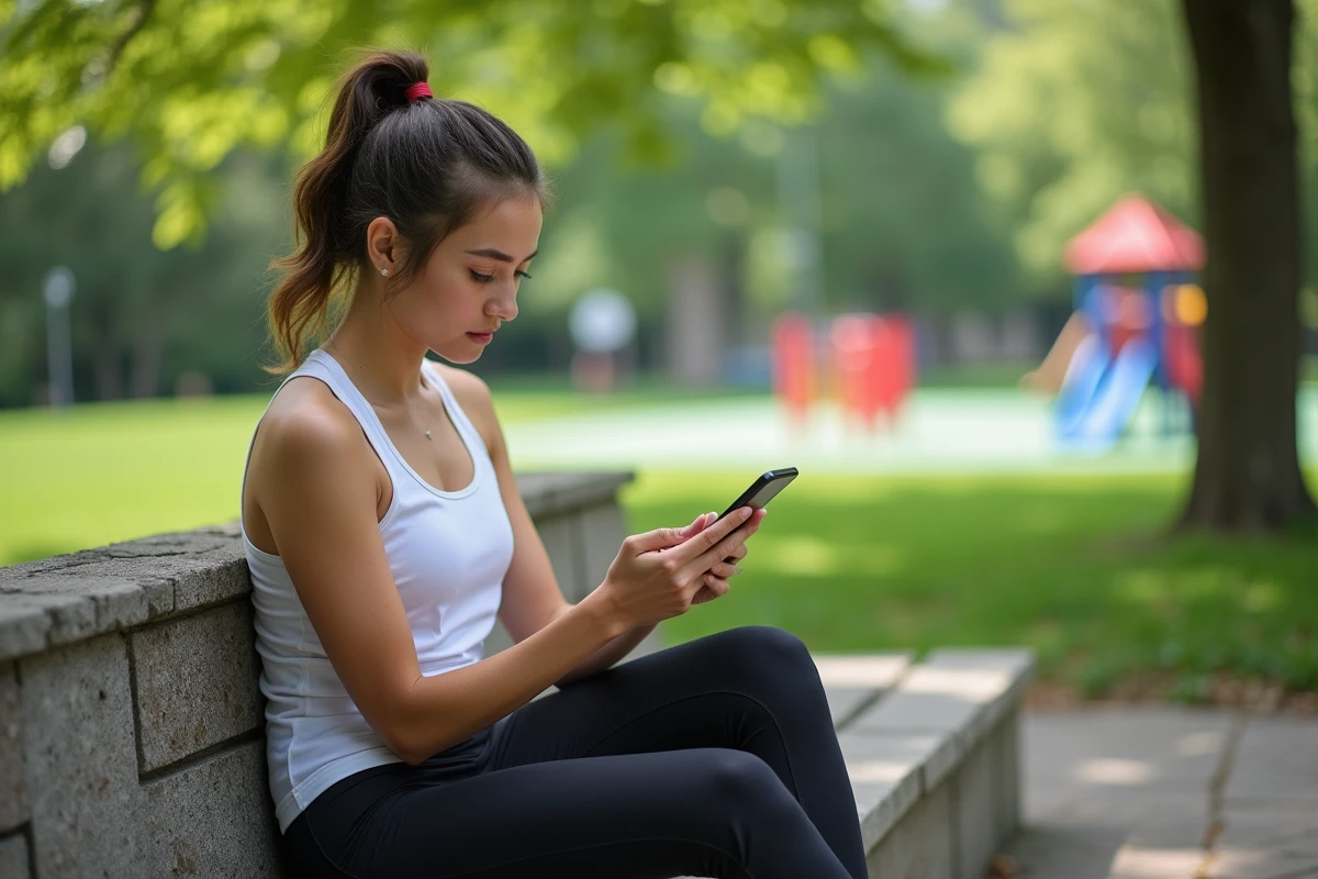 Jeune femme regardant une application fitness dans un parc