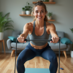 Renforcer ses muscles avec un élastique : conseils et exercices efficaces Femme en leggings et top faisant un squat avec bande de résistance